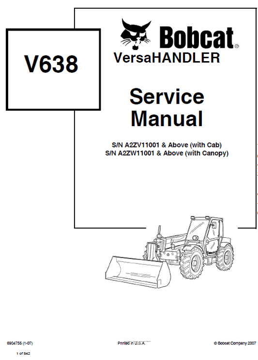 Bobcat V638 VersaHANDLER Telescopic Service Manual Workshop Guide