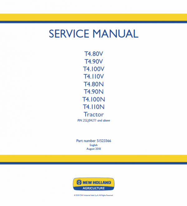 New Holland T4.80N, T4.90N, T4.100N, T4.110N Tractor Service Manual Workshop Guide