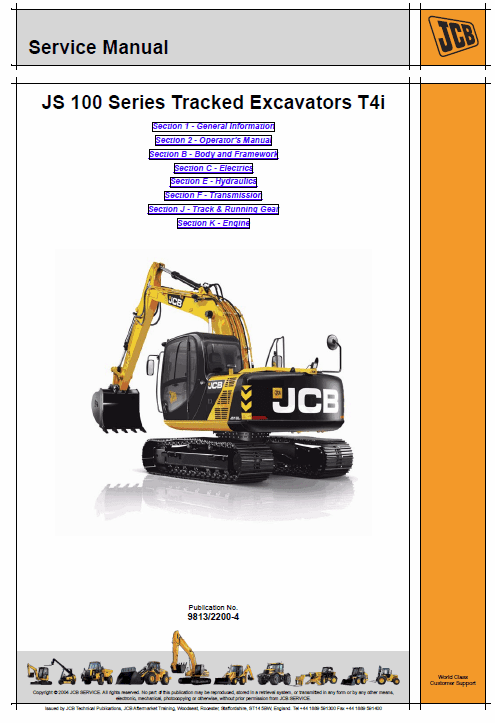 JCB JS115, JS130, JS145, JS160, JS180, JS190 T4i Tracked Excavators Service Manual Workshop Guide