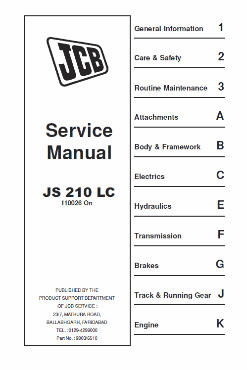 JCB JS210 LC Tracked Excavator Service Manual Workshop Guide