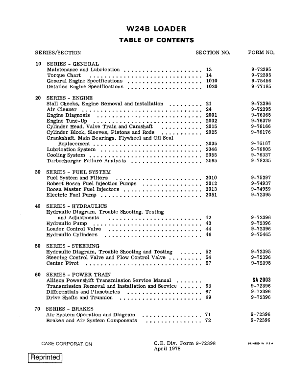 Case W24B Loader Service Manual Workshop Guide