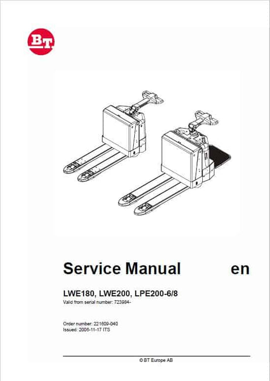 BT LWE180, LWE200, LPE200-6, LPE200-8 Pallet Truck Service Manual