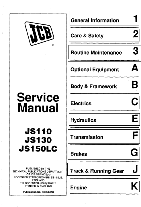 JCB JS110, JS130, JS150LC Tracked Excavator Service Manual Workshop Guide