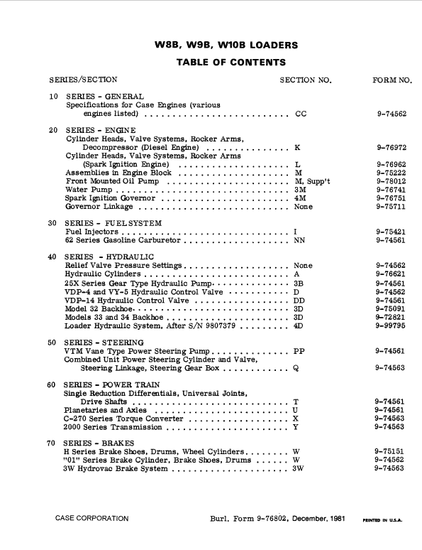 Case W8B, W9B, W10B Loaders Service Manual Workshop Guide
