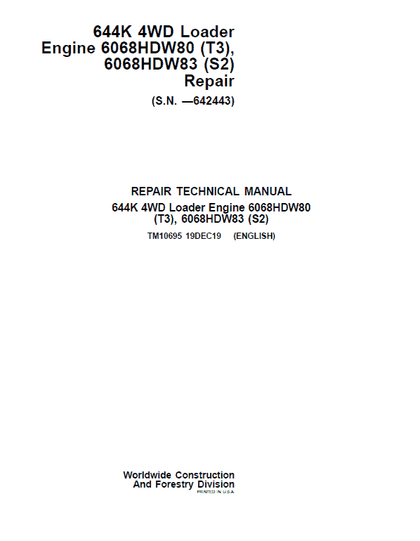 John Deere 644K 4WD Engine S2 & T3 Loader Technical Manual (S.N. before 642443) Workshop Guide