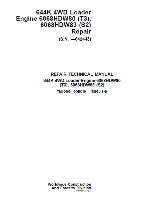 John Deere 644K 4WD Engine S2 & T3 Loader Technical Manual (S.N. before 642443) Workshop Guide
