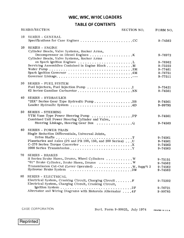 Case W8C, W9C, W10C Loaders Service Manual Workshop Guide