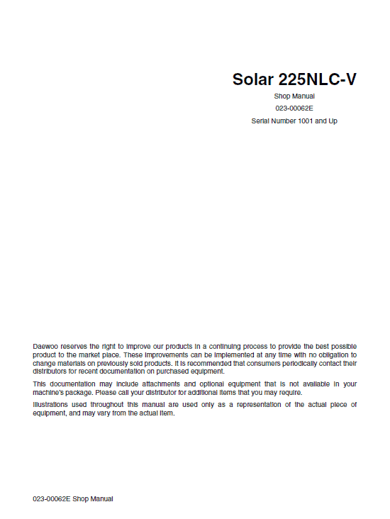 Daewoo Solar S225NLC-V Excavator Service Manual Workshop Guide