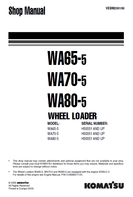 Komatsu WA65-5, WA70-5, WA80-5 Wheel Loader Service Manual Workshop Guide