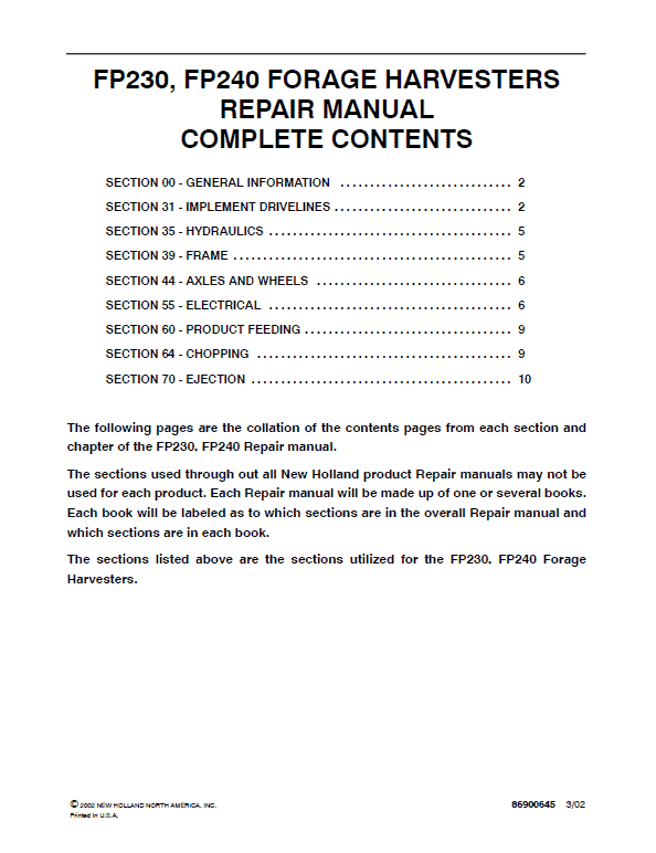 New Holland FP230, FP240 Forage Harvesters Service Manual Workshop Guide