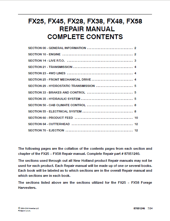 New Holland FX25, FX45, FX28, FX38, FX48, FX58, FX300, FX375, FX450 Harvesters Manual Workshop Guide