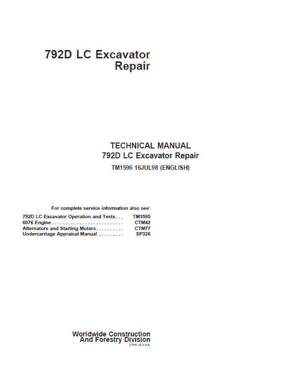 John Deere 792D LC Excavator Repair Technical Manual Workshop Guide