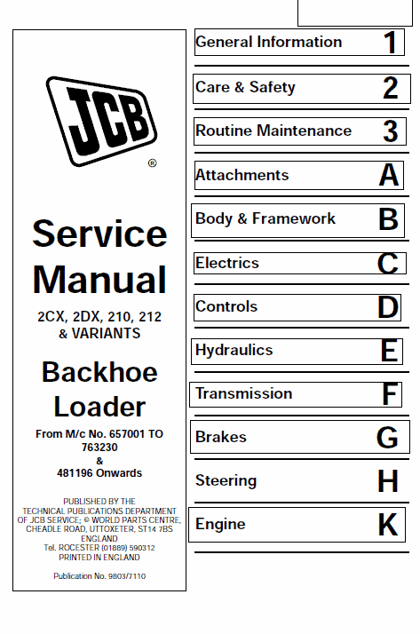 JCB 2CX, 2DX, 210, 212 & VARIANTS Backhoe Loader Service Manual Workshop Guide
