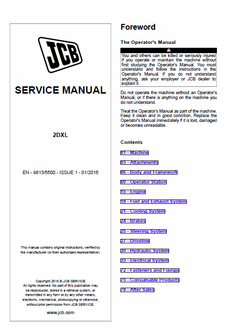 JCB 2DXL Loader Service Manual Workshop Guide