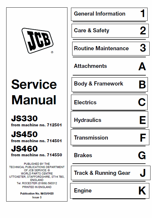 JCB JS330, JS450, JS460 Manual Tracked Excavator Service Manual Workshop Guide