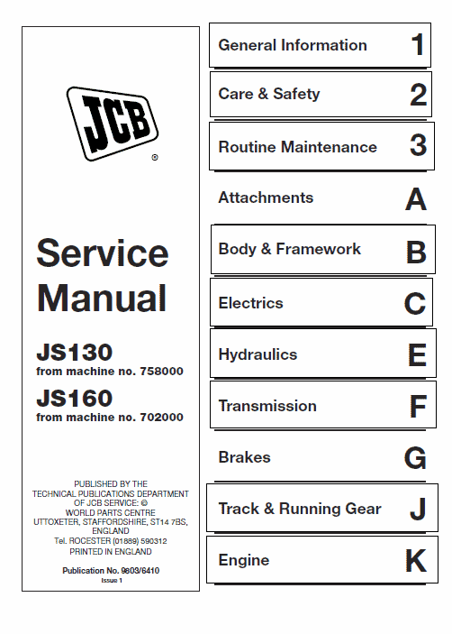 JCB JS130, JS160 Tracked Excavator Service Manual Workshop Guide
