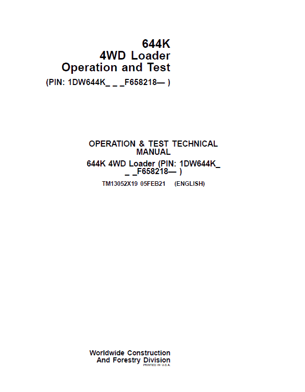 John Deere 644K 4WD Loader Technical Manual (S.N. after F658218 – ) Workshop Guide
