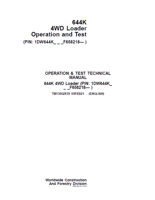 John Deere 644K 4WD Loader Technical Manual (S.N. after F658218 – ) Workshop Guide