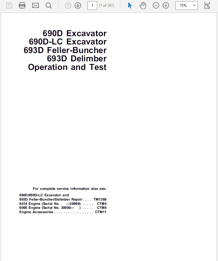 John Deere 690D, 693D Excavator Repair Technical Manual (TM1387) Workshop Guide