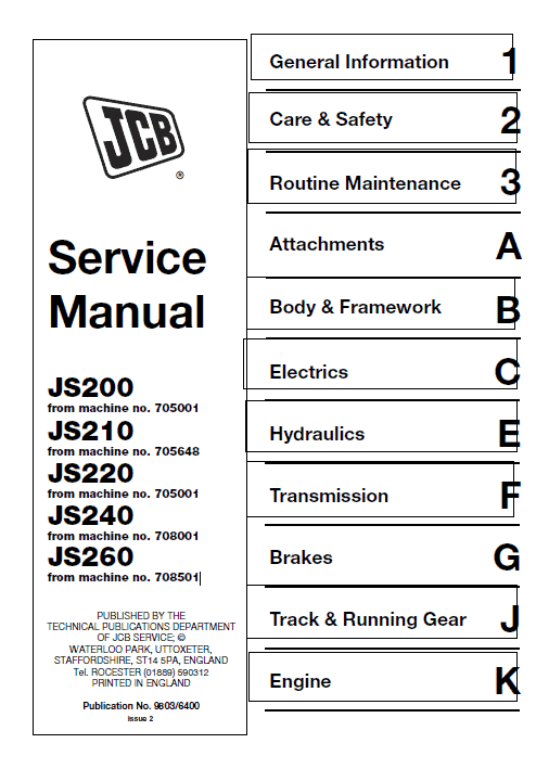JCB JS200, JS210, JS220, JS220, JS240, JS260 Tracked Excavator Service Manual Workshop Guide
