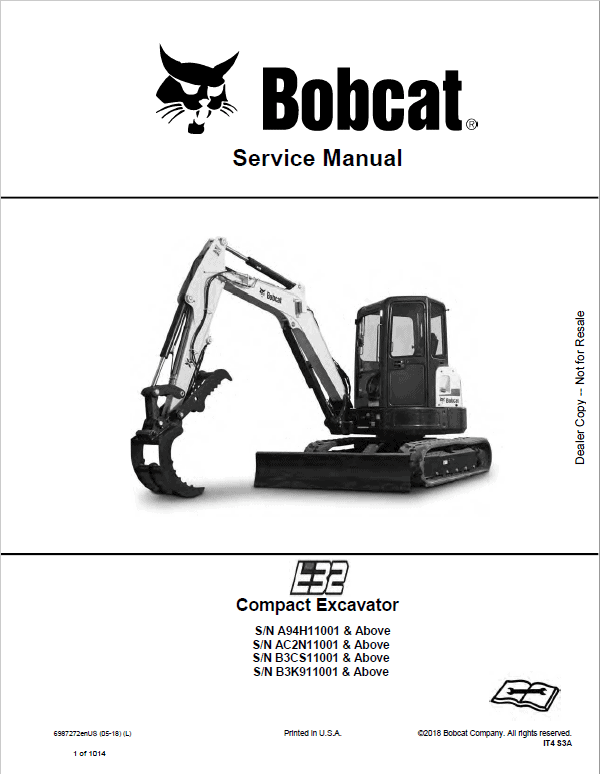 Bobcat E32 Compact Excavator Repair Service Manual Workshop Guide