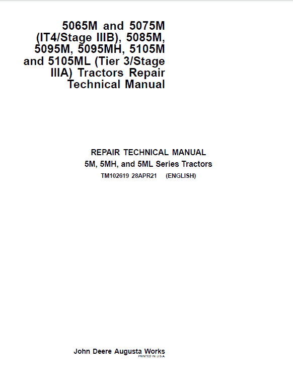 John Deere 5085M, 5095M, 5095MH, 5105M, 5105ML (Tier 3) Tractor Repair Manual Workshop Guide
