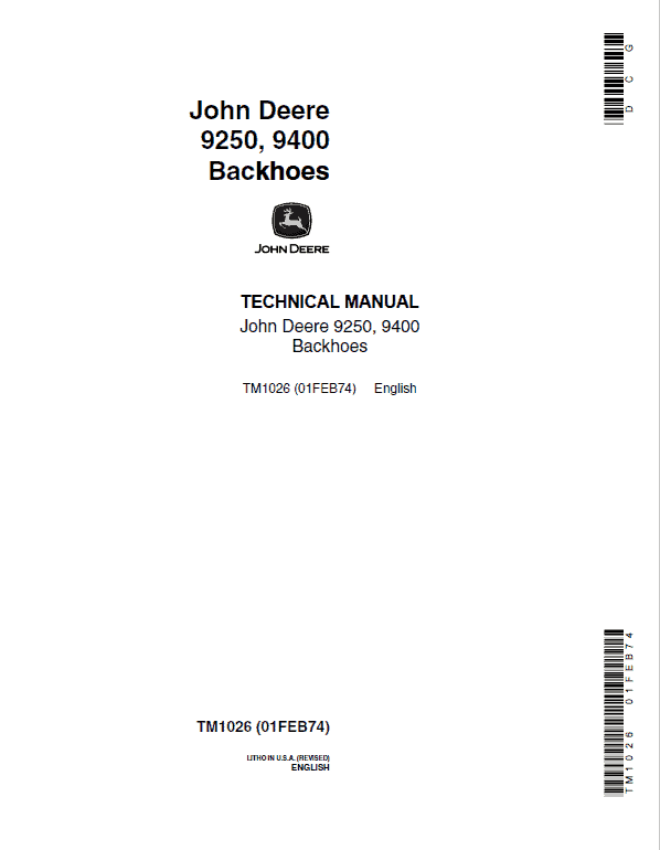 John Deere 9250, 9400 Backhoe Loader Repair Technical Manual Workshop Guide