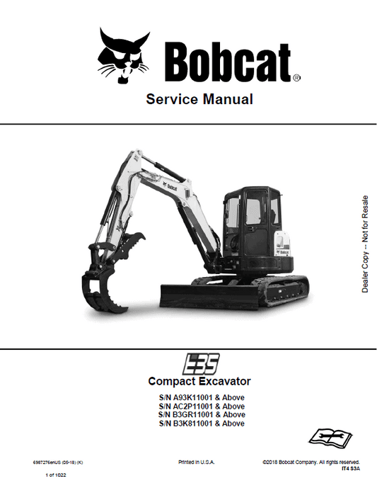 Bobcat E35 Compact Excavator Service Manual Workshop Guide