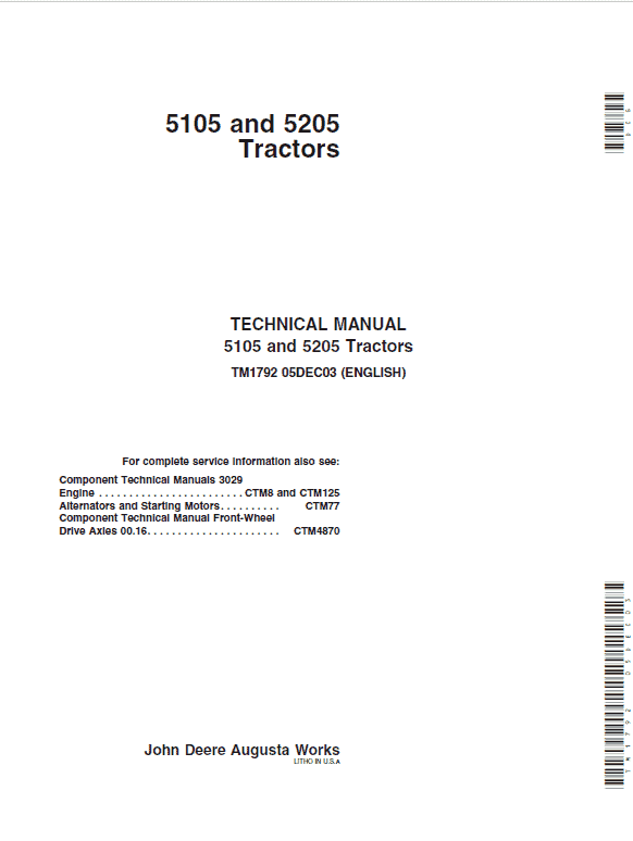 John Deere 5105, 5205 Tractors Repair Technical Manual Workshop Guide