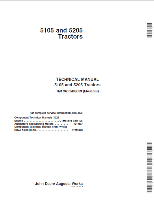 John Deere 5105, 5205 Tractors Repair Technical Manual Workshop Guide