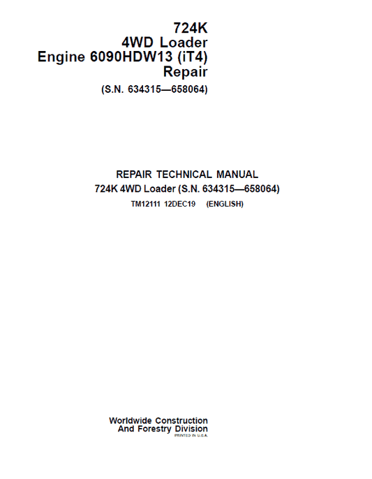 John Deere 724K 4WD Engine 6090HDW13 (iT4) Technical Manual (S.N 634315 – 658064) Workshop Guide