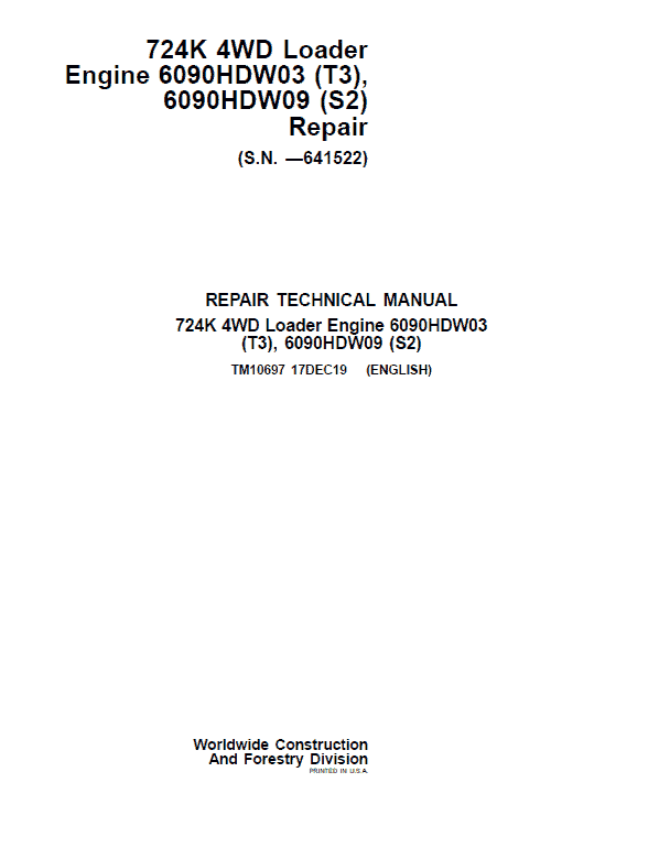 John Deere 724K 4WD Engine S2 & T3 Loader Technical Manual (S.N. before 641522) Workshop Guide
