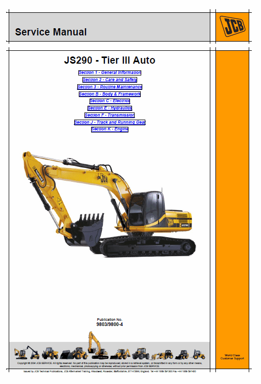 JCB JS290 Tier 3 Auto Tracked Excavator Service Manual Workshop Guide
