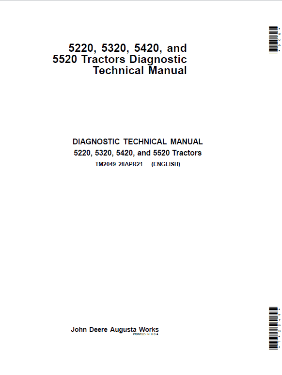 John Deere 5220, 5320, 5420, 5520 Tractor Repair Technical Manual Workshop Guide
