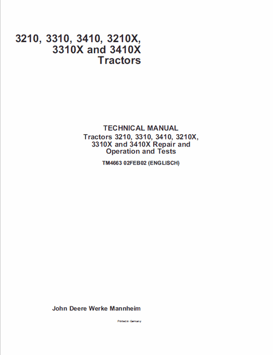 John Deere 3210, 3310, 3410 Tractor Technical Manual (TM4663) Workshop Guide
