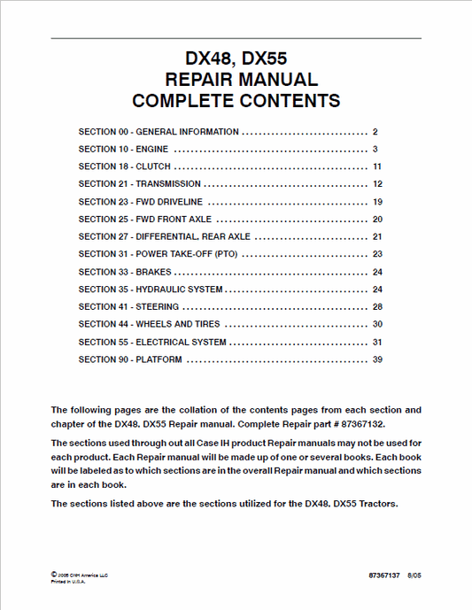 Case DX48, DX55, DX60 Tractor Service Manual Workshop Guide