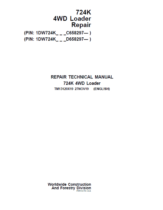 John Deere 724K 4WD Loader Technical Manual (S.N. after C658297 & D658297 – ) Workshop Guide
