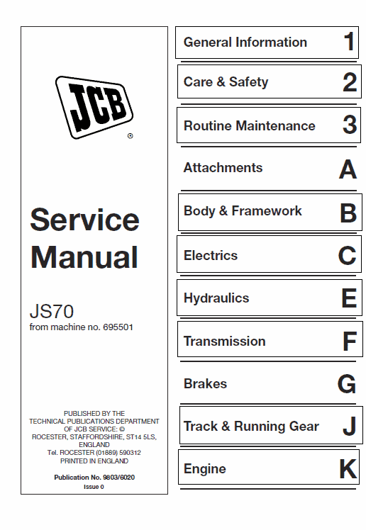 JCB JS70 Tracked Excavator Service Manual Workshop Guide