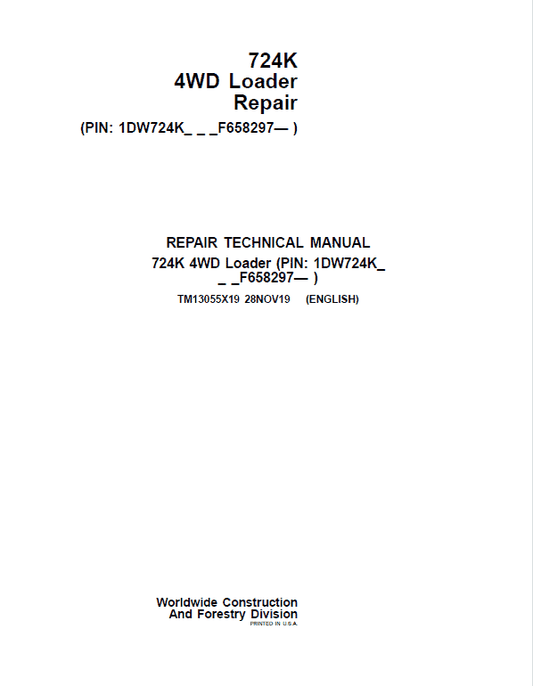 John Deere 724K 4WD Loader Technical Manual (S.N. after F658297 – ) Workshop Guide