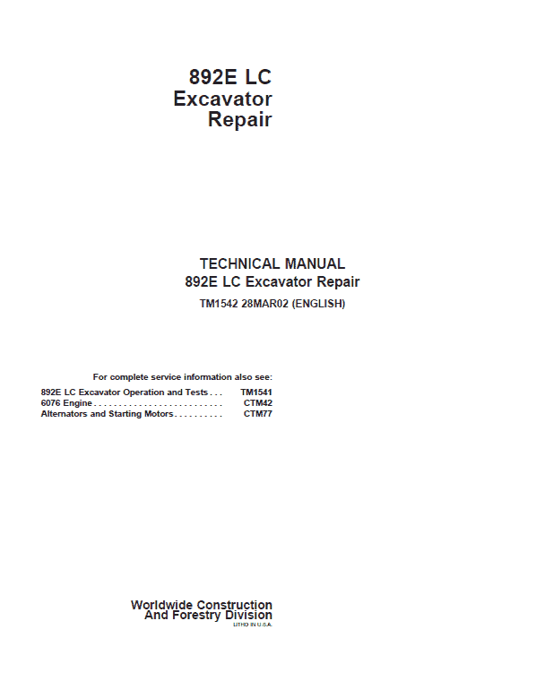 John Deere 892E LC Excavator Repair Technical Manual Workshop Guide