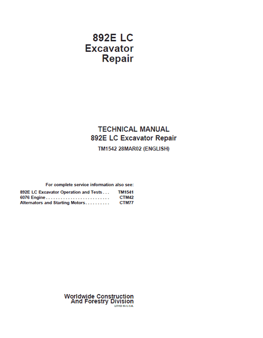John Deere 892E LC Excavator Repair Technical Manual Workshop Guide
