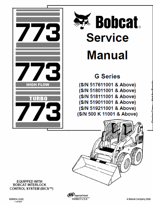 Bobcat 773 G-series Skid-Steer Loader Service Manual Workshop Guide