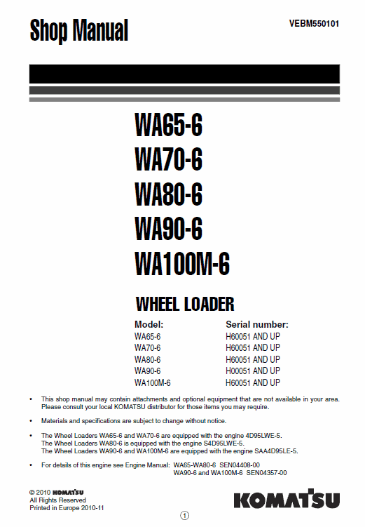 Komatsu WA65-6, WA70-6, WA80-6, WA90-6, WA100M-6 Loader Service Manual Workshop Guide