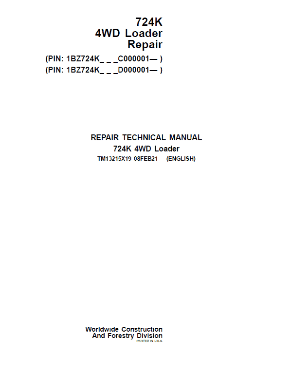 John Deere 724K 4WD Technical Manual (S.N from C000001 & D000001 – ) Workshop Guide