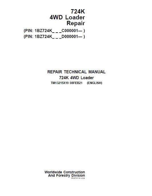 John Deere 724K 4WD Technical Manual (S.N from C000001 & D000001 – ) Workshop Guide