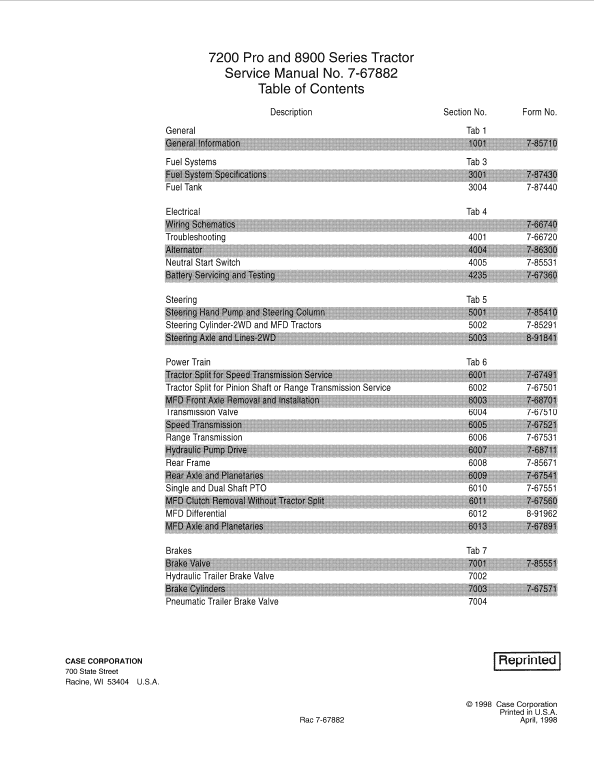 Case 8910, 8920, 8930, 8940, 8950 Tractor Service Manual Workshop Guide