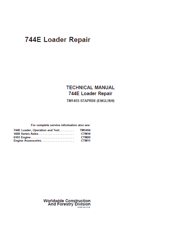 John Deere 744E Loader Repair Technical Manual Workshop Guide