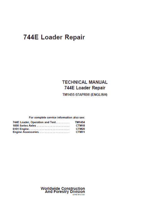 John Deere 744E Loader Repair Technical Manual Workshop Guide