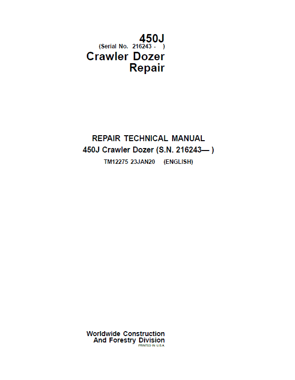John Deere 450J Crawler Dozer Technical Manual (SN. from 216243) Workshop Guide