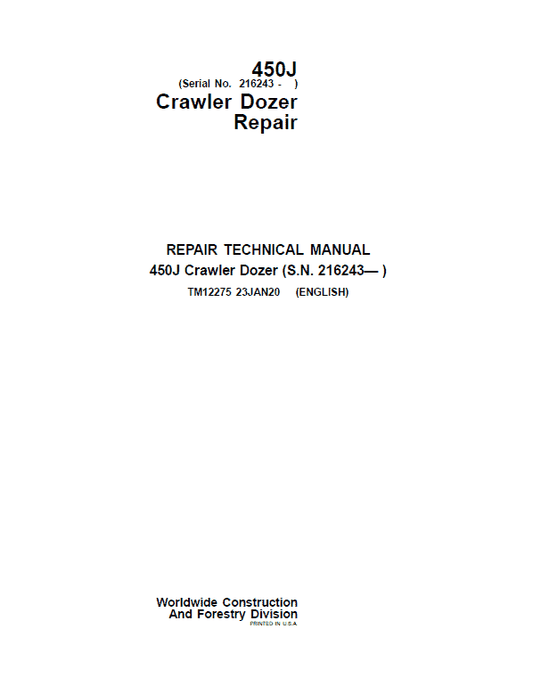 John Deere 450J Crawler Dozer Technical Manual (SN. from 216243) Workshop Guide